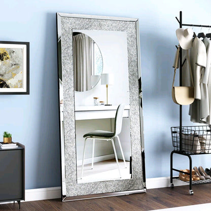 Large Silver Rectangle Crystal Crush Diamond Wall Mirror