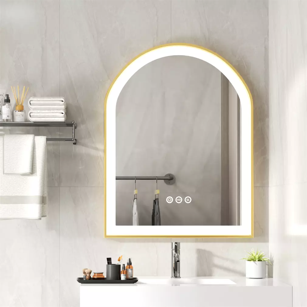 Arched Gold Aluminum Frame Front-lit Arched Gold Aluminum Frame LED Illuminated Bathroom Smart Mirror, 3 Colors Dimming, Defog and Memory Function