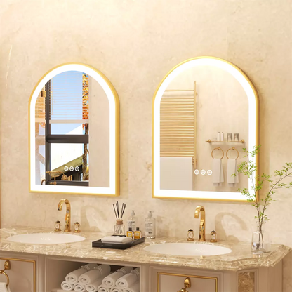 Arched Gold Aluminum Frame Front-lit Arched Gold Aluminum Frame LED Illuminated Bathroom Smart Mirror, 3 Colors Dimming, Defog and Memory Function