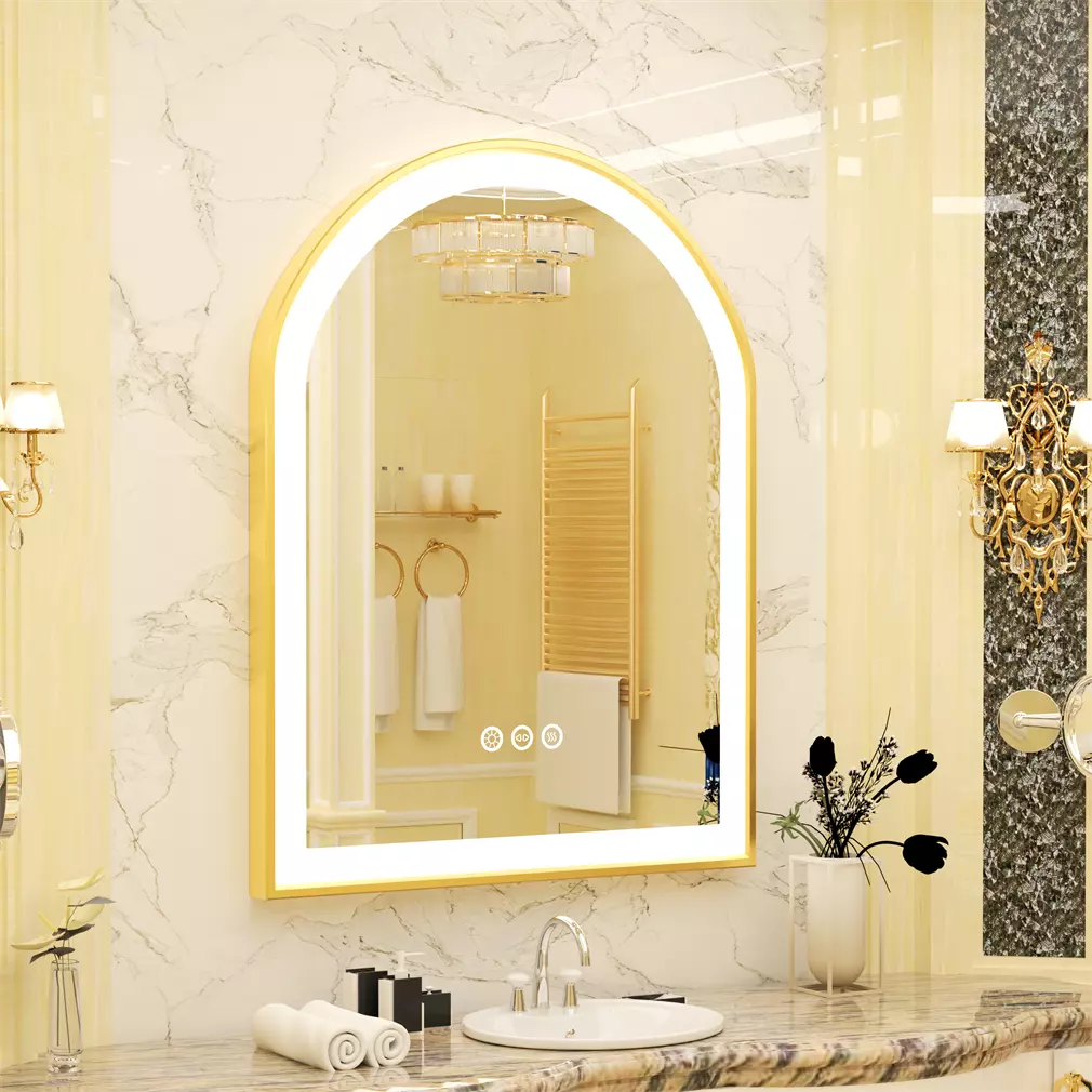 Arched Gold Aluminum Frame Front-lit Arched Gold Aluminum Frame LED Illuminated Bathroom Smart Mirror, 3 Colors Dimming, Defog and Memory Function