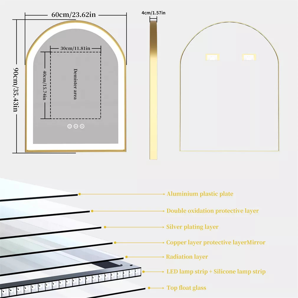 Arched Gold Aluminum Frame Front-lit Arched Gold Aluminum Frame LED Illuminated Bathroom Smart Mirror, 3 Colors Dimming, Defog and Memory Function