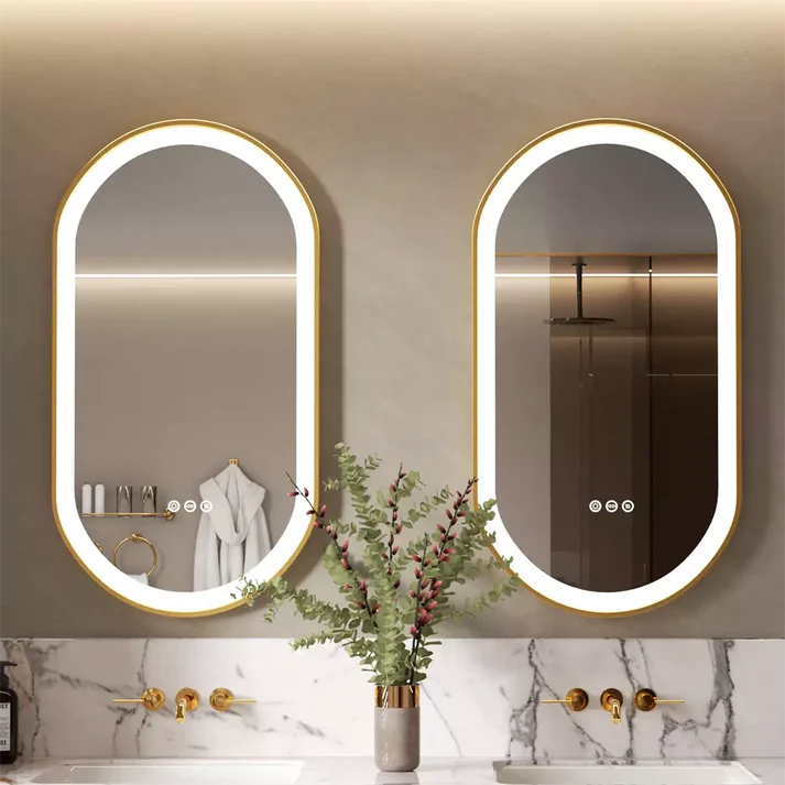 Oval Gold Aluminum Frame Frontlit LED Smart Bathroom Illumination Mirror, Wall Mounted, Anti-Fog