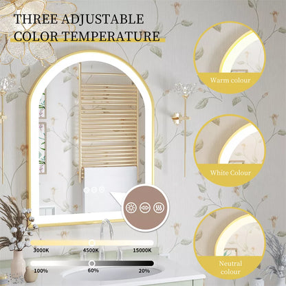 Arched Gold Aluminum Frame Front-lit Arched Gold Aluminum Frame LED Illuminated Bathroom Smart Mirror, 3 Colors Dimming, Defog and Memory Function