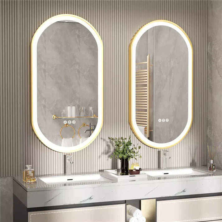 Oval Gold Aluminum Frame Frontlit LED Smart Bathroom Illumination Mirror, Wall Mounted, Anti-Fog