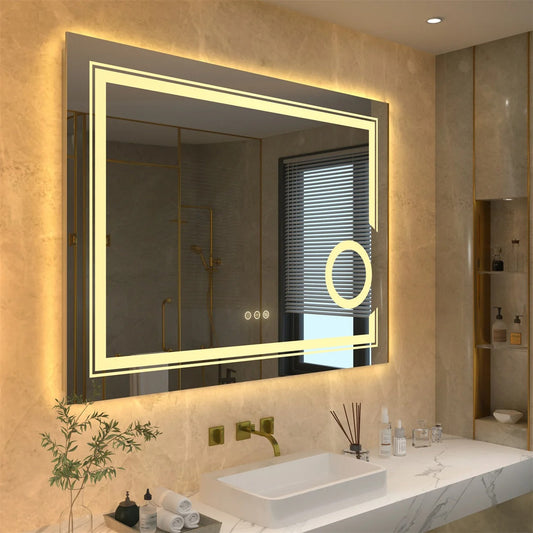 Double lights Smart LED Rectangle Bathroom Mirror with 3X Magnifier