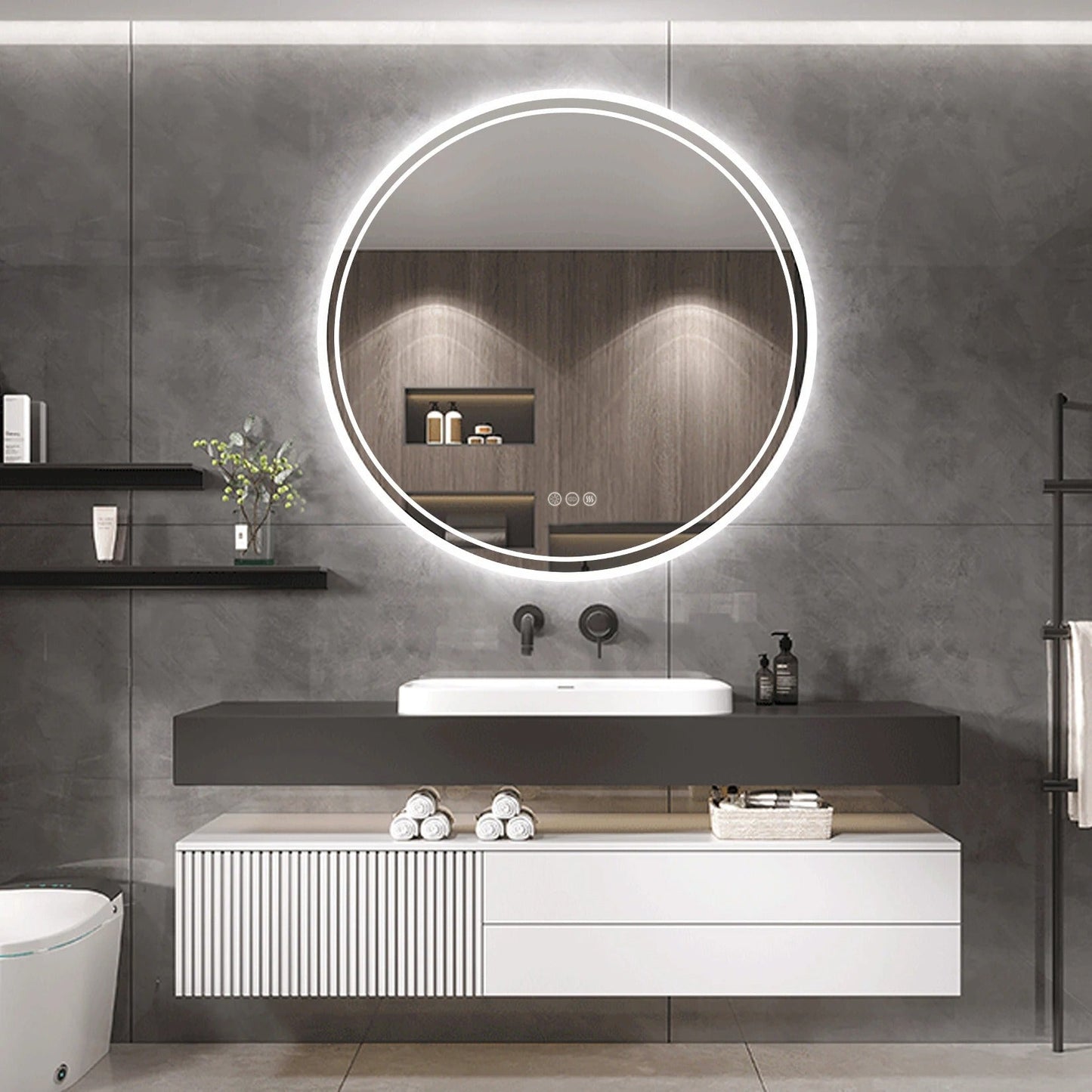 Round Backlit Light Bathroom Smart Mirror,Wall Mounted, Anti-Fog, 3 Color Settings