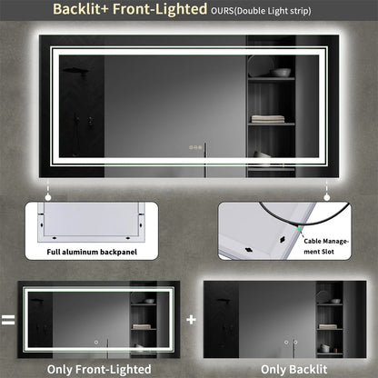 160cm x 80cm Extra Large LED Light Backlit Bathroom Mirror Dual Lights Anti-Fog Memory 3 Colors Dimmable With Touch Button