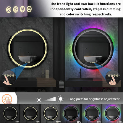 Round Glitzy RGB Double Light LED Bathroom Mirror RGB Color Changing Dimmable Anti-Fog