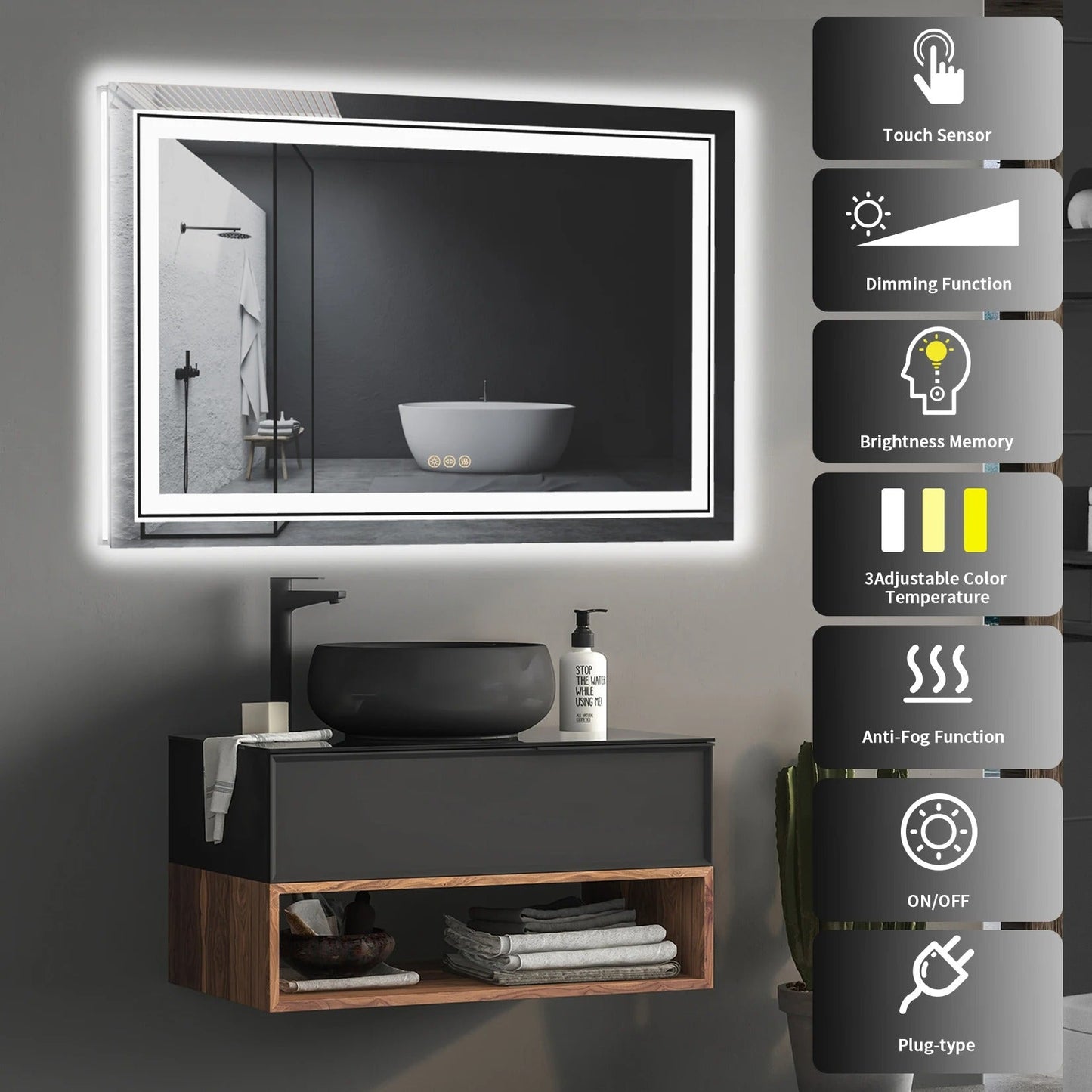 Double Light 100x 60cm Rectangle LED Bathroom Mirror, Dimmable Wall Mirrors with Anti-Fog, 3 Color
