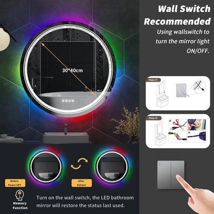Round Glitzy RGB Double Light LED Bathroom Mirror RGB Color Changing Dimmable Anti-Fog