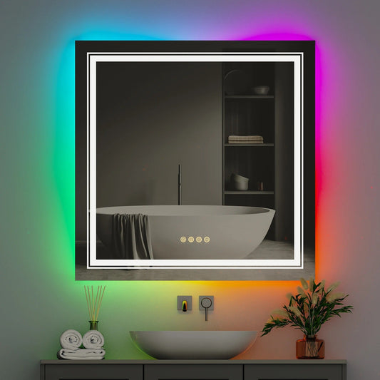 Square Glitzy RGB Double Light80cm x 80cm LED Mirror Dimmable 11 Color Changing Smart Anti-Fog