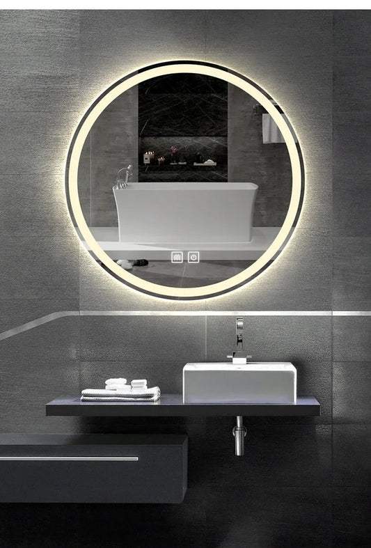 Double Light 60CM Round Smart Bathroom LED Mirror Defogging, 3 Color Adjustable Backlight