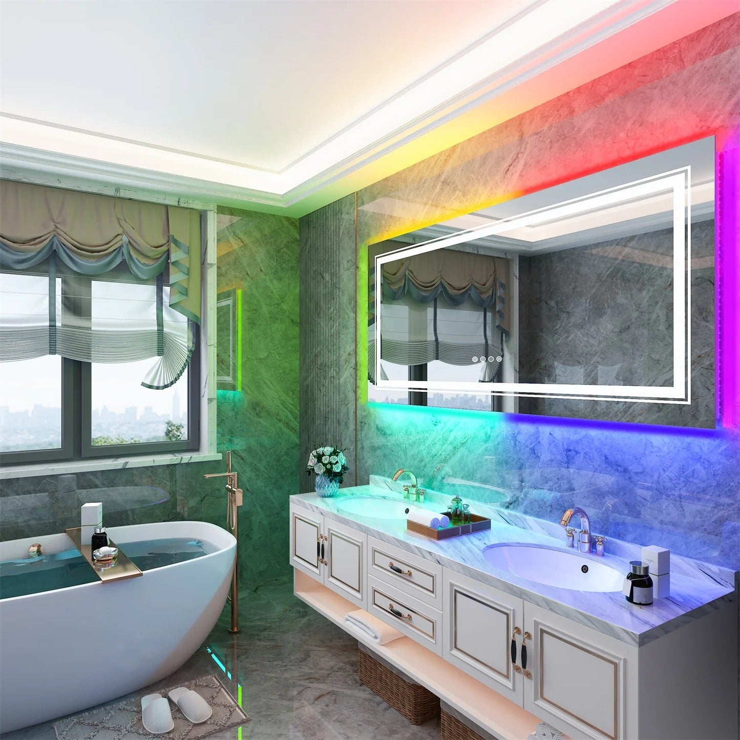 Large Rectangle Glitzy RGB Double Light LED Bathroom Mirror RGB Color Changing Backlight, Dimmable, Anti-Fog, and Shatterproof