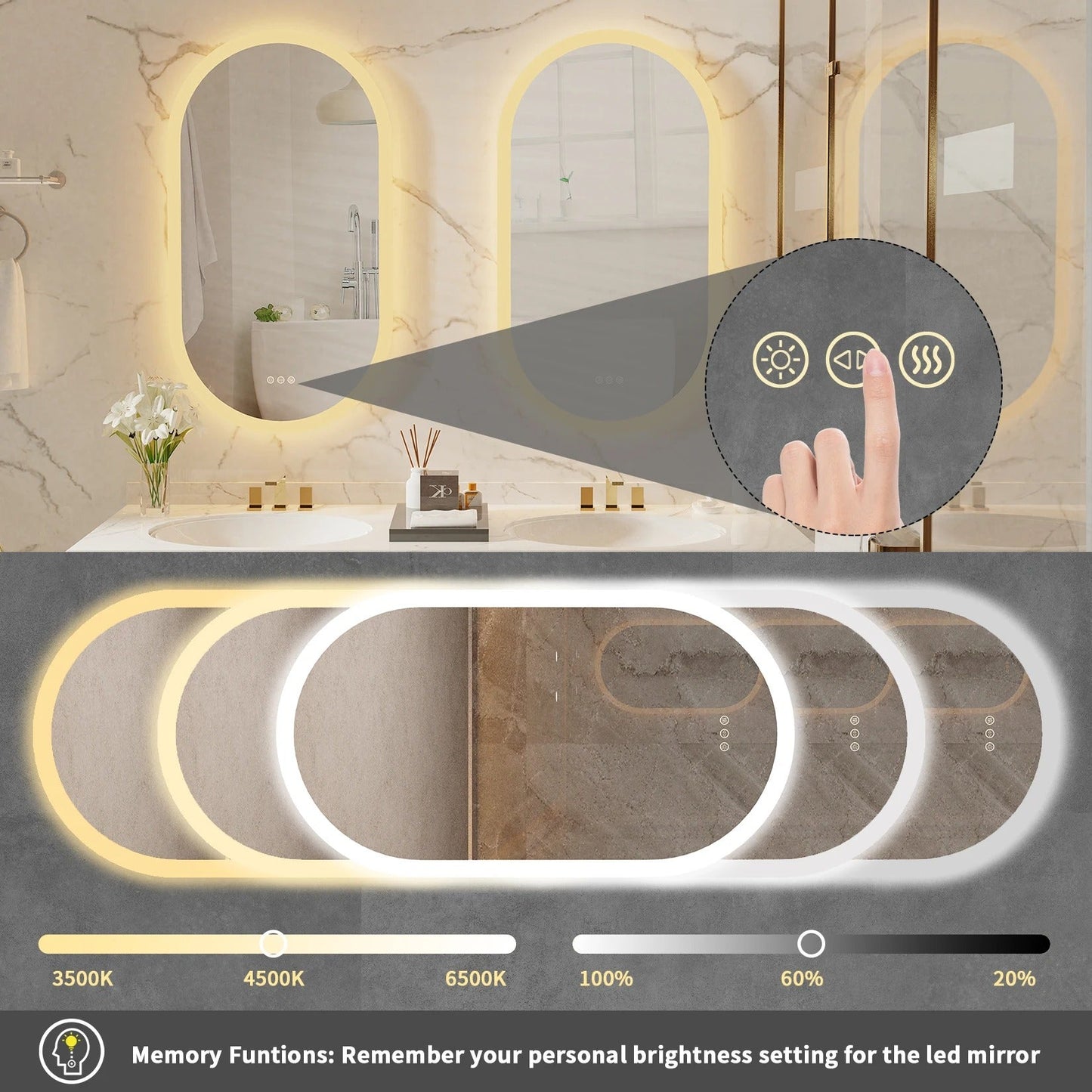 Oval Arched Large Backlit Light Oval Arched Large LED Makeup Bathroom Mirror, Anti-Fog, 3-Color Smart Mirrors