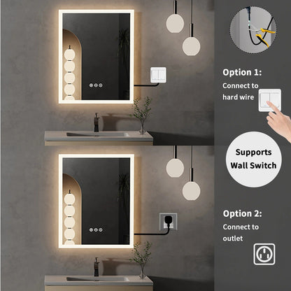 40x50cm Front light Rectangle LED Bathroom Mirror with Anti-Fog, Wall Mounted Vanity Mirror with Smart Touch Button, Memory Function