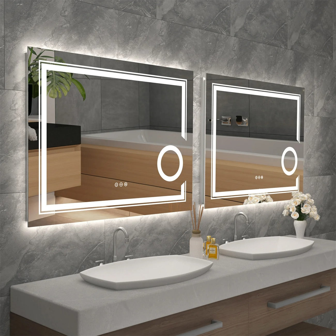 Double lights Smart LED Rectangle Bathroom Mirror with 3X Magnifier ...